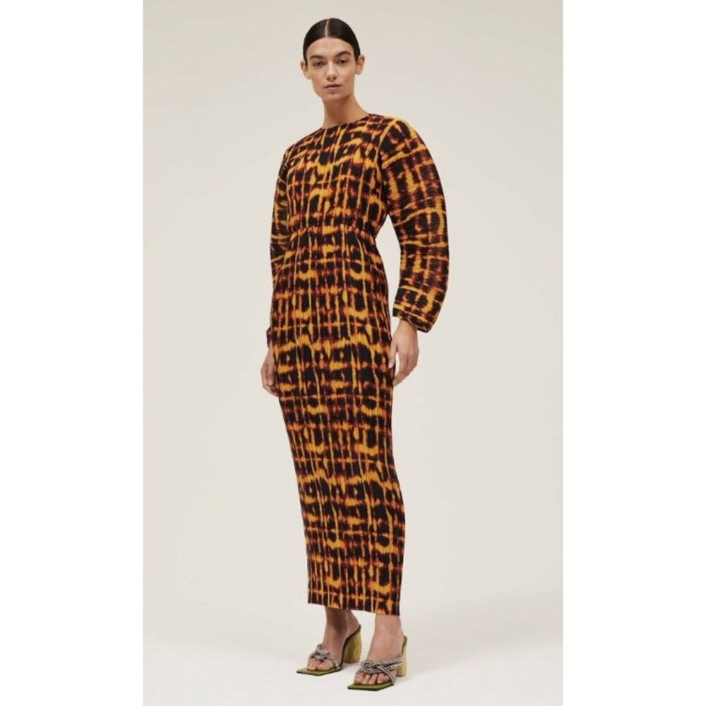 Solace London Brown Pleated Leopard Tie Dye Mirabelle Midaxi Dress, Size 4, NWT!